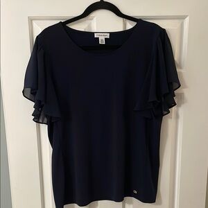 Calvin Klein Blue Ruffled Flutter Sleeve Blouse large EUC